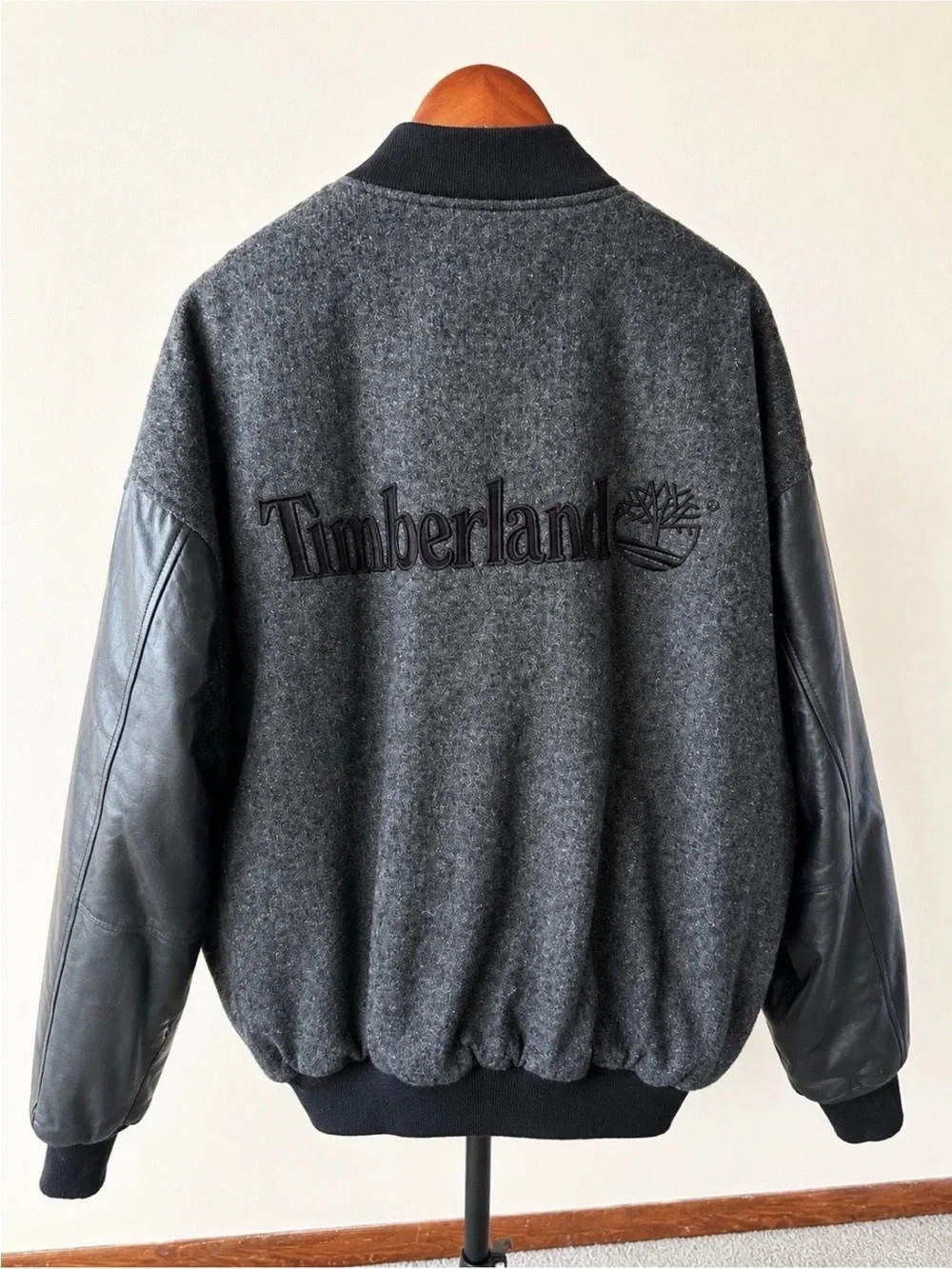 NWT Timberland Wool Leather Bomber Jacket Men XL Gray Black Vintage